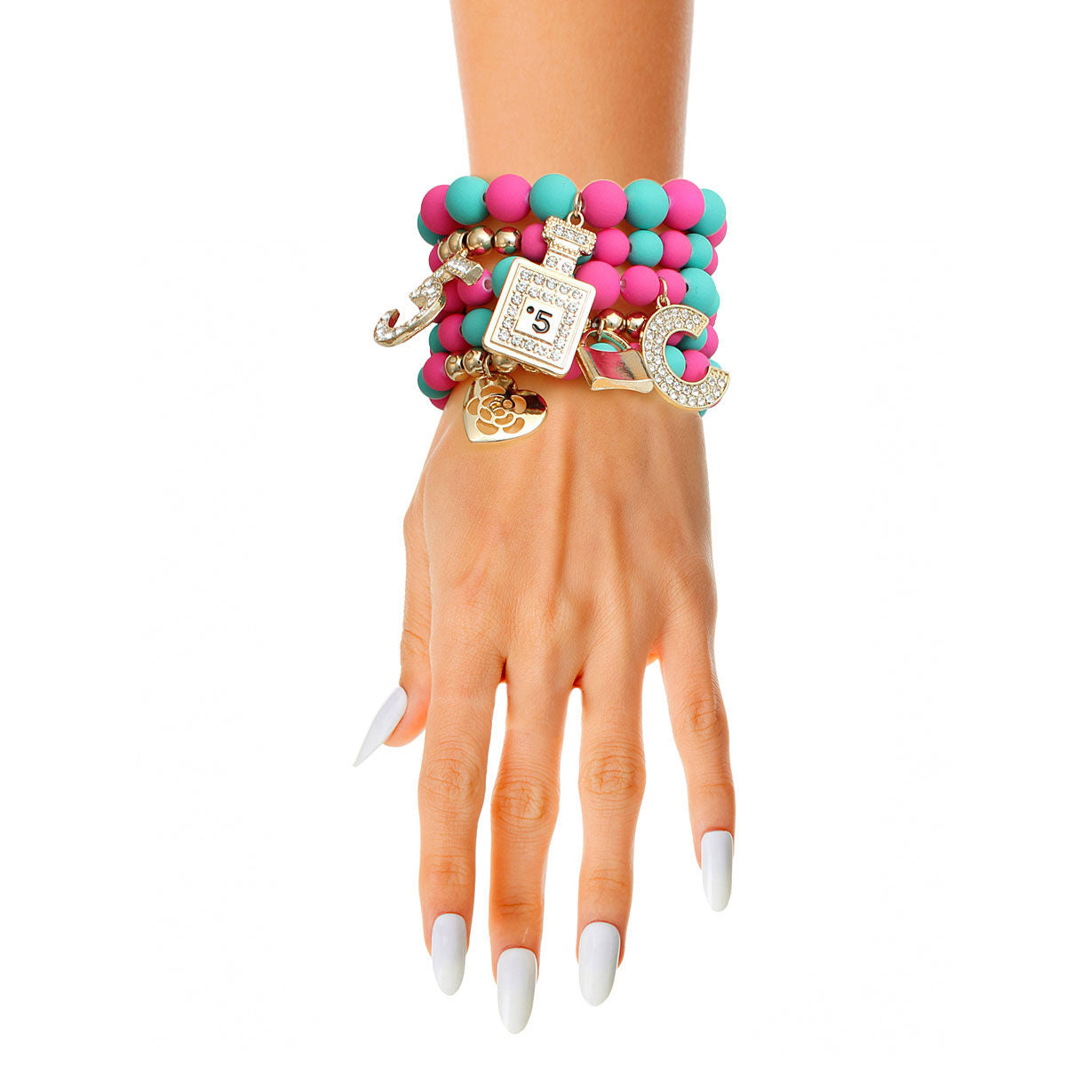 Matte Fuchsia and Teal Boutique Charm Bracelets|Stretch to Fit - Premium Wholesale Jewelry from Pinktown - Just $19! Shop now at chiquestyles