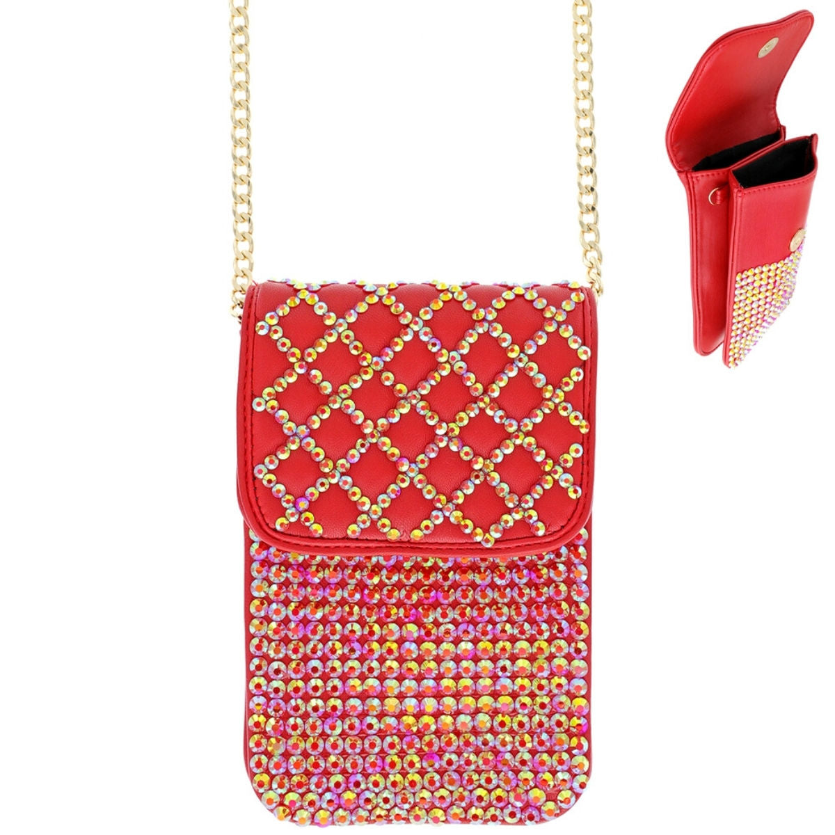 Red Quilted Rhinestone Cellphone Bag|7.25 x 5 x 1.5 inches - Premium Wholesale Fashion Accessories from Pinktown - Just $30! Shop now at chiquestyles