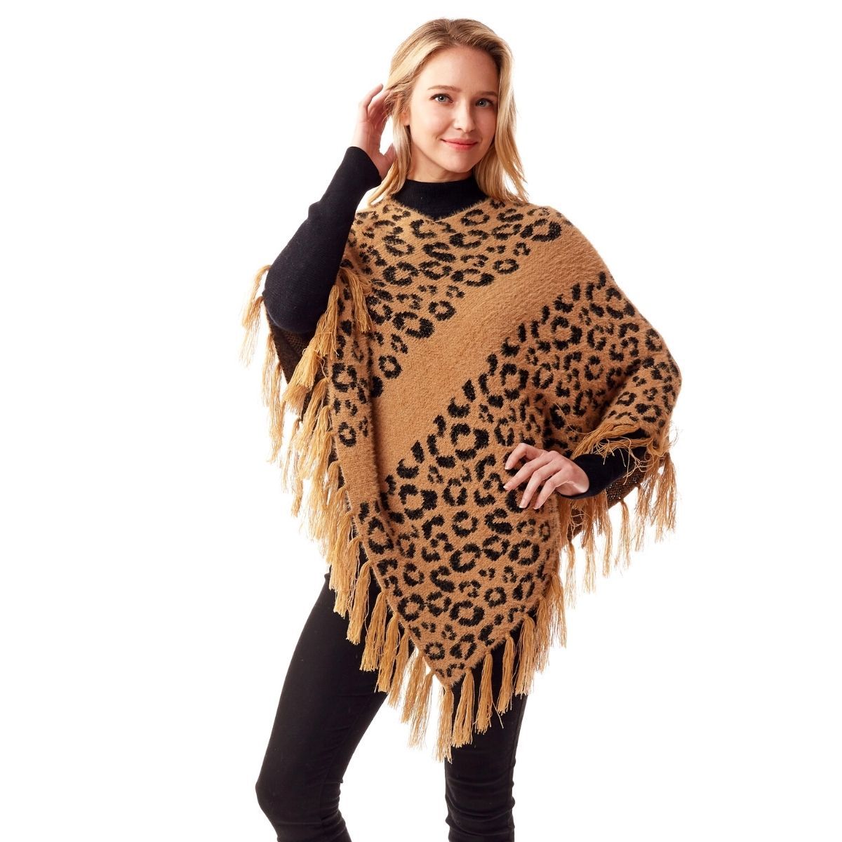 Beige Leopard Eyelash Poncho|25.6 x 25.6 inches - Premium Wholesale Boutique Clothing from Pinktown - Just $48! Shop now at chiquestyles