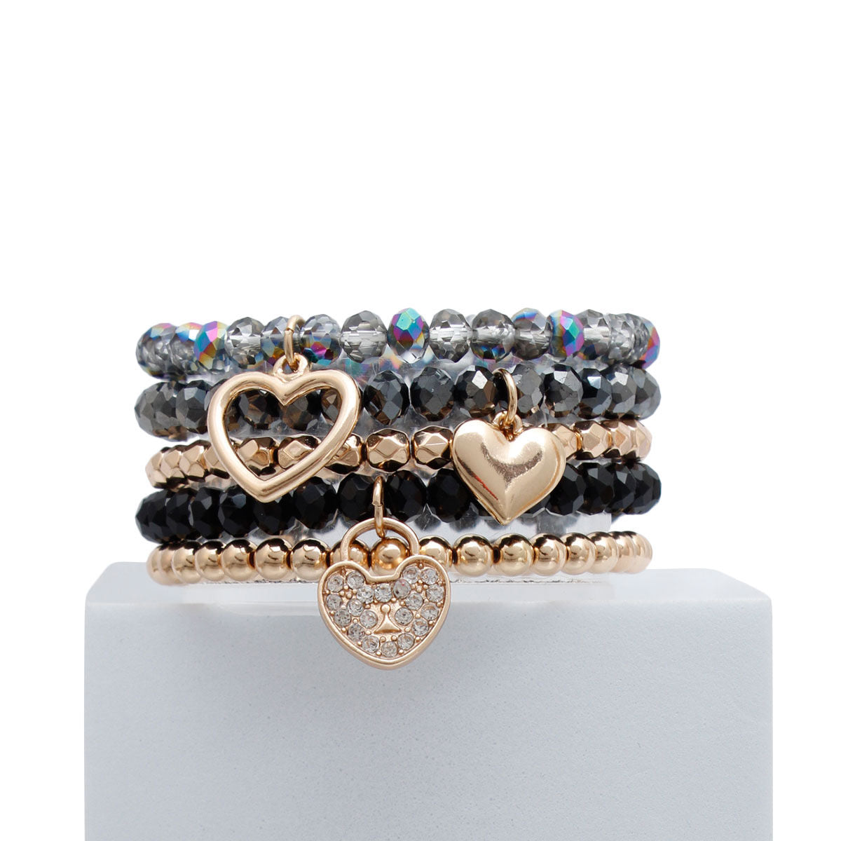 Black and Gold Glass Heart Bracelets|Stretch to Fit - Premium Wholesale Jewelry from Pinktown - Just $13! Shop now at chiquestyles