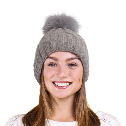 Gray Fox Fur Pom Beanie|One Size - Premium Wholesale Fashion Accessories from Pinktown - Just $22! Shop now at chiquestyles