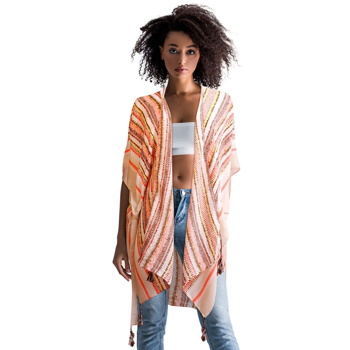 Beige Tribal Stripe Print Kimono|35.4 x 35.4 inches - Premium Wholesale Boutique Clothing from Pinktown - Just $22! Shop now at chiquestyles