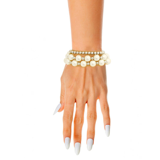 3 Strand White Pearl Silver Bracelets|Stretch to Fit - Premium Wholesale Jewelry from Pinktown - Just $12! Shop now at chiquestyles