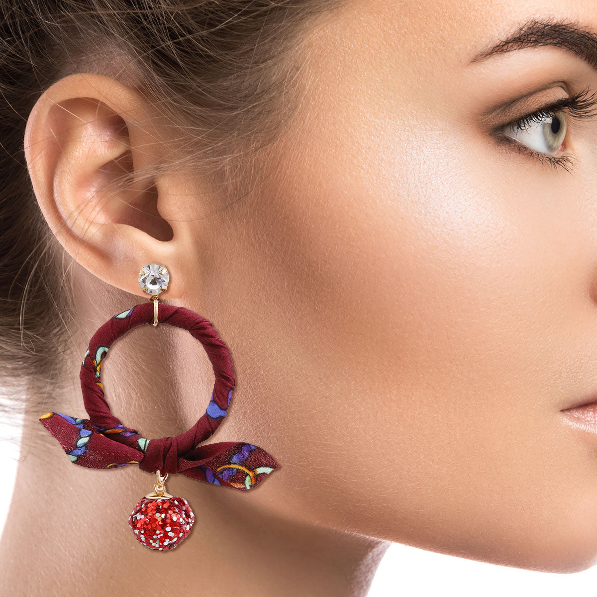 Burgundy Wrapped Ring Earrings Featuring Red Glitter Drop Ball|3 inches - Premium Wholesale Jewelry from Pinktown - Just $10! Shop now at chiquestyles