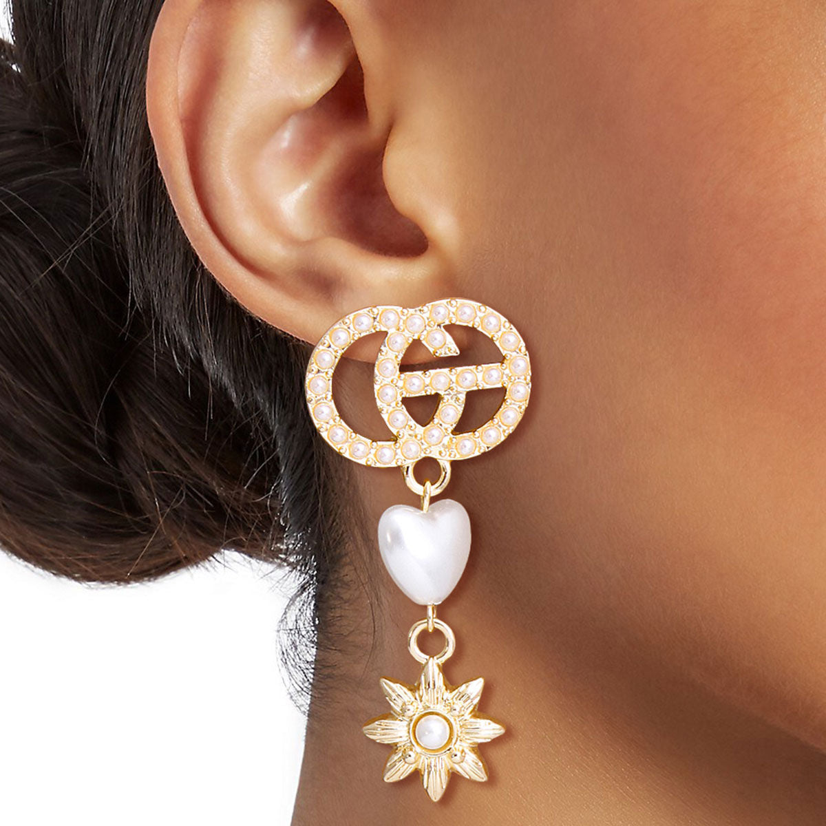 Gold Pearl Designer Heart Star Earrings|2.15 inches - Premium Wholesale Jewelry from Pinktown - Just $9! Shop now at chiquestyles