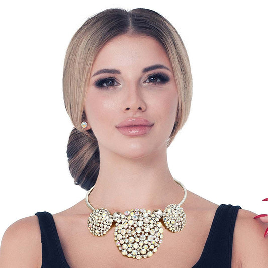 Aurora Borealis Triple Stone Dome Cluster Collar|18 inches - Premium Wholesale Jewelry from Pinktown - Just $29! Shop now at chiquestyles