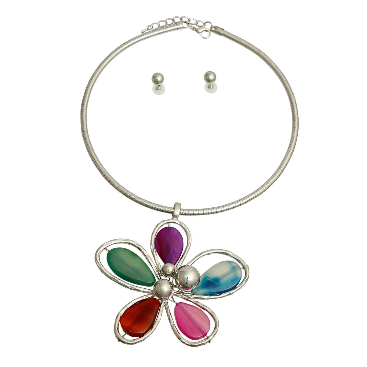 Multi Color Petal Silver Flower Necklace|20 inches - Premium Wholesale Jewelry from Pinktown - Just $27! Shop now at chiquestyles