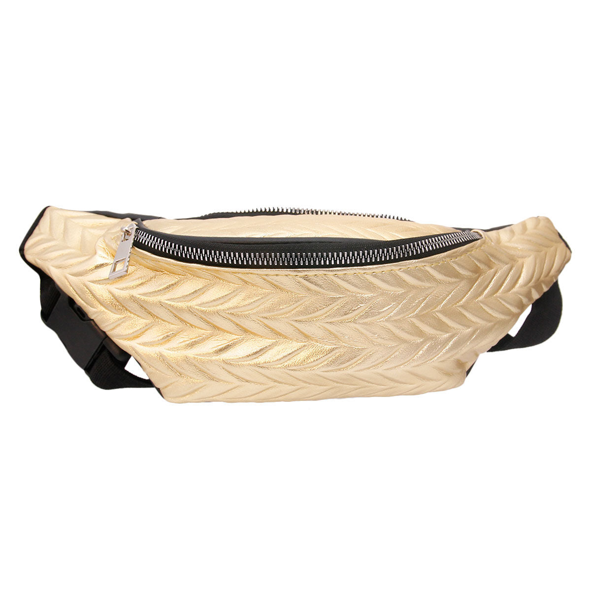 Gold Leather Chevron Fanny Pack|12.25 x 4.25 x 3 inches - Premium Wholesale Fashion Accessories from Pinktown - Just $16! Shop now at chiquestyles