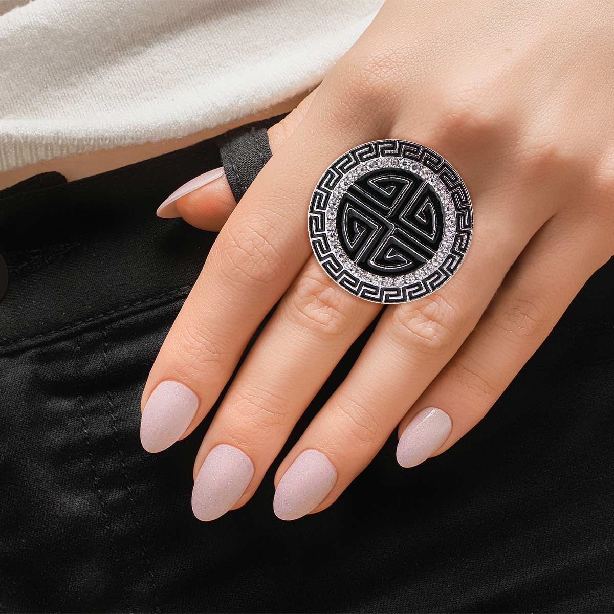 Silver Black Round Greek Cocktail Ring|Stretch to Fit - Premium Wholesale Jewelry from Pinktown - Just $9! Shop now at chiquestyles