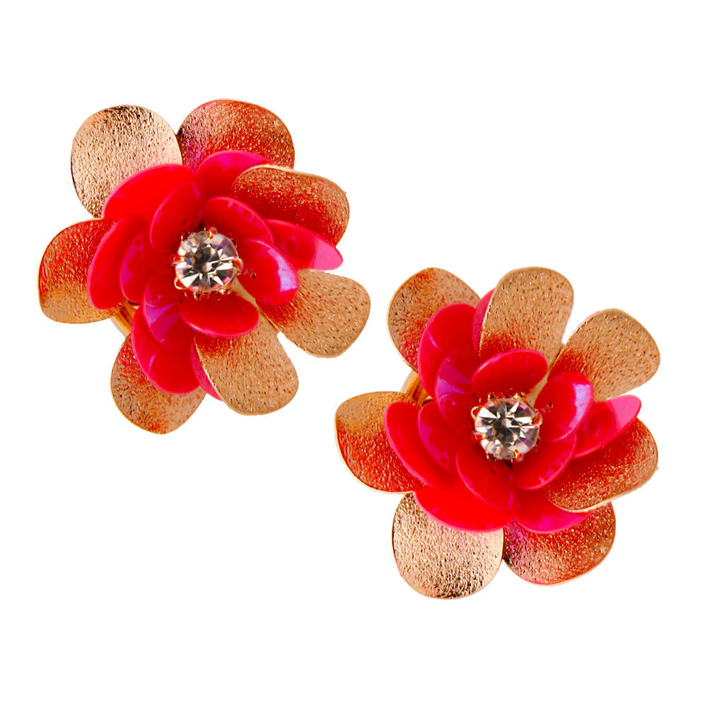 Pink Sequin and Gold Flower Earring with Rhinestone Center|1.25 inches - Premium Wholesale Jewelry from Pinktown - Just $10! Shop now at chiquestyles