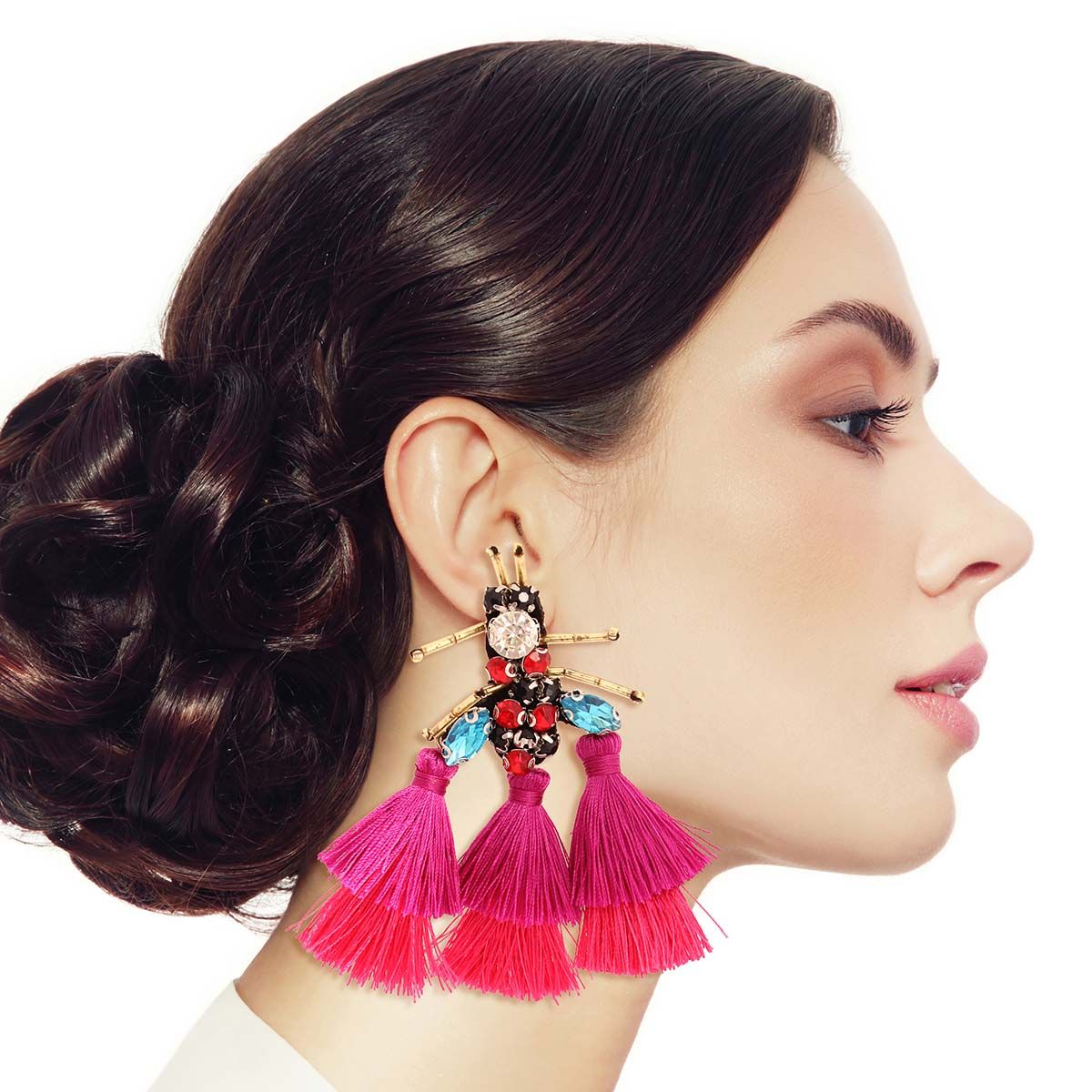 Rhinestone and Tassel Fuchsia Bee Earrings|3.25 inches - Premium Wholesale Jewelry from Pinktown - Just $14! Shop now at chiquestyles