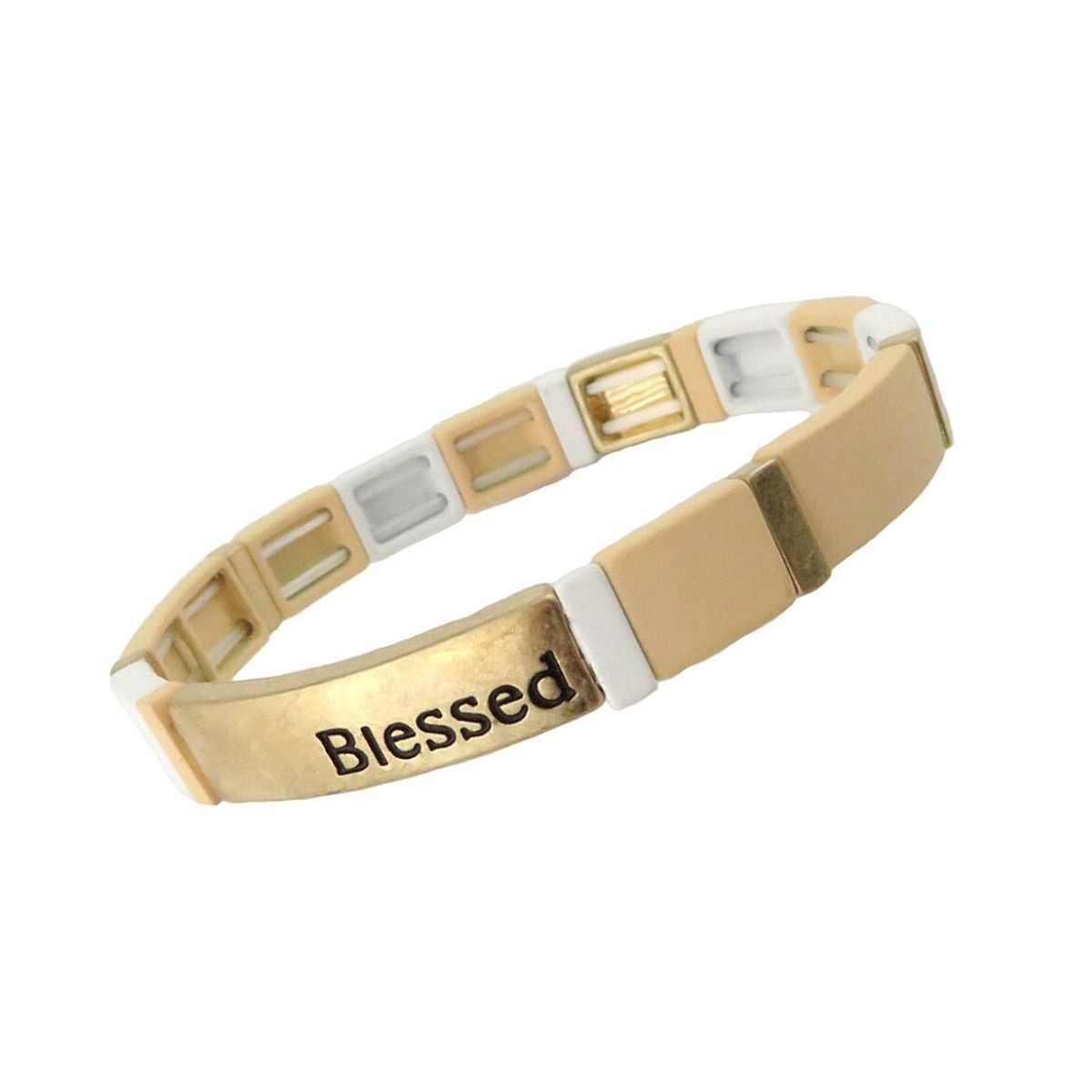 White and Gold Block Blessed Bracelet|Stretch to Fit - Premium Wholesale Jewelry from Pinktown - Just $10! Shop now at chiquestyles