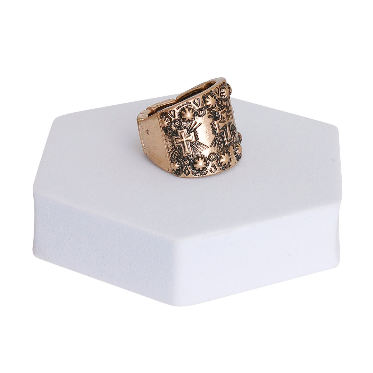 Burnished Gold Metal Boho Cross Ring|Stretch to Fit - Premium Wholesale Jewelry from Pinktown - Just $7! Shop now at chiquestyles