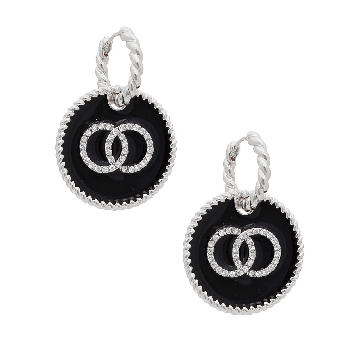 Black Infinity Charm Twisted Silver Hoops|1.65 inches - Premium Wholesale Jewelry from Pinktown - Just $14! Shop now at chiquestyles