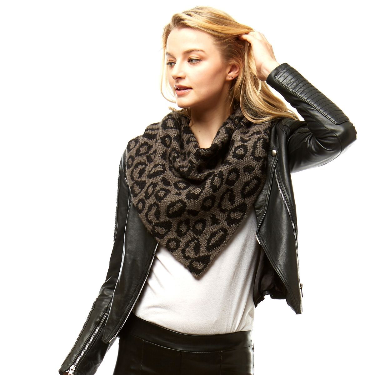 Gray Leopard Triangle Tube Scarf|21.6 x 23.6 inches - Premium Wholesale Fashion Accessories from Pinktown - Just $19! Shop now at chiquestyles