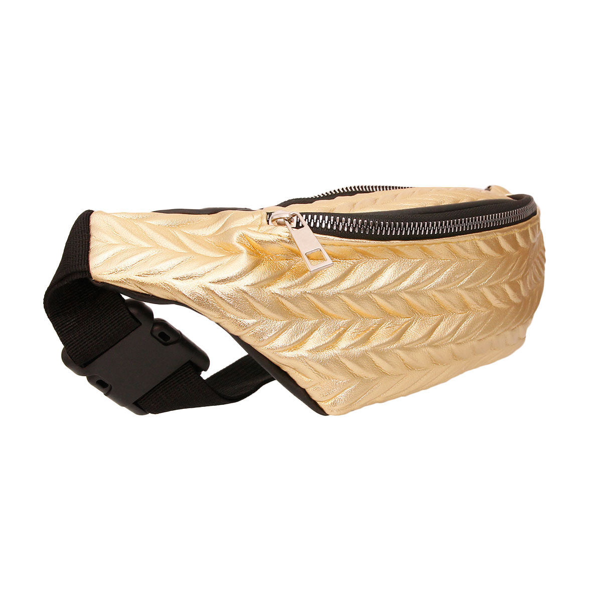 Gold Leather Chevron Fanny Pack|12.25 x 4.25 x 3 inches - Premium Wholesale Fashion Accessories from Pinktown - Just $16! Shop now at chiquestyles