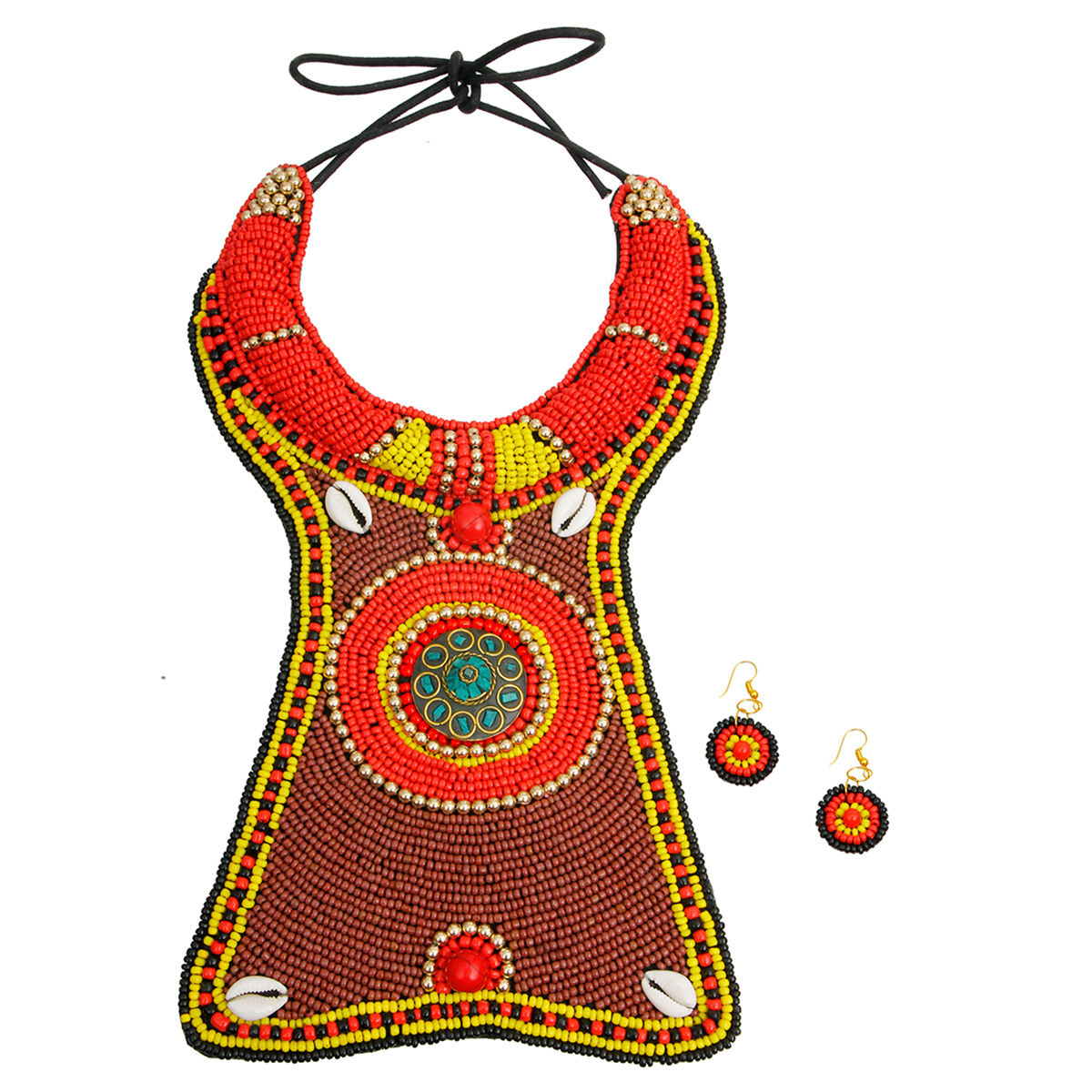 Brown Yellow and Red Bead Collar Long Bib Necklace Set with Cowrie Shell Detail|18 inches - Premium Wholesale Jewelry from Pinktown - Just $52! Shop now at chiquestyles