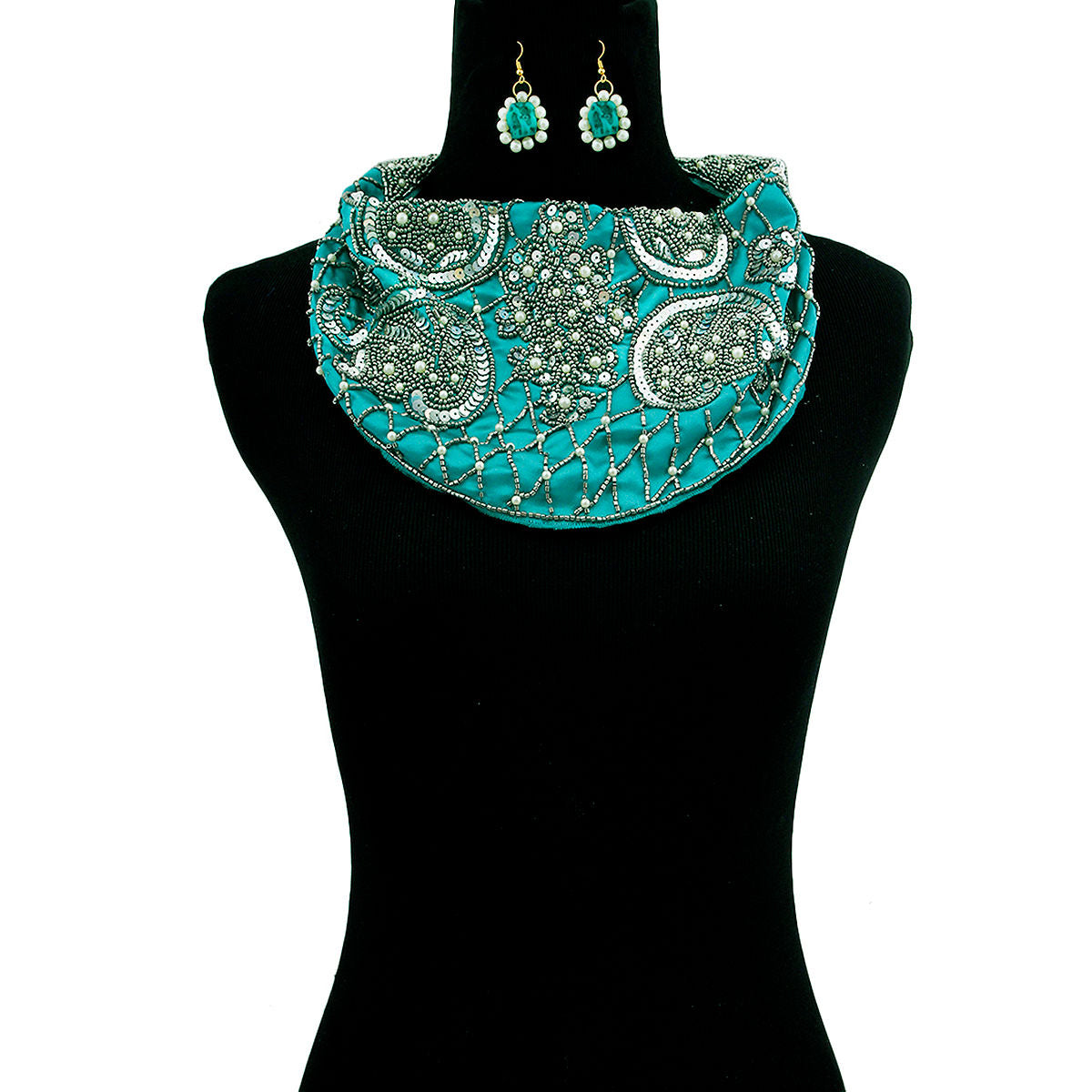 Handmade Teal Satin Scarf Necklace Set with Embroidered Sequins Beads and Pearls|21 inches - Premium Wholesale Boutique Clothing from Pinktown - Just $48! Shop now at chiquestyles