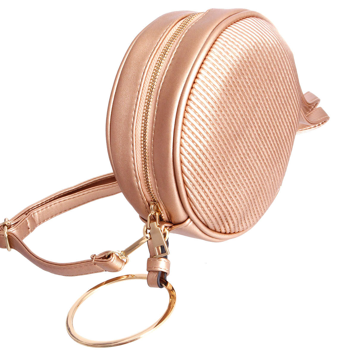 Rose Gold Ribbed Circle Crossbody Wristlet|6.75 x 2 inches - Premium Wholesale Fashion Accessories from Pinktown - Just $26! Shop now at chiquestyles