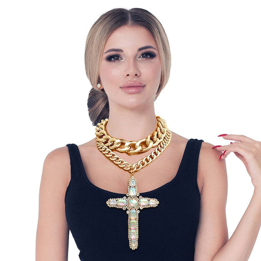 Chunky Aurora Borealis Jumbo Cross Necklace|18 inches - Premium Wholesale Jewelry from Pinktown - Just $31! Shop now at chiquestyles