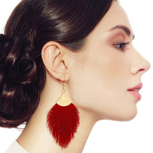 Burgundy Silk Tassel Fish Hook Earrings|3.5 inches - Premium Wholesale Jewelry from Pinktown - Just $11! Shop now at chiquestyles