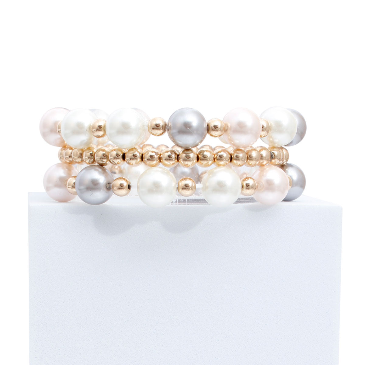 3 Strand Mixed Pearl Gold Bracelets|Stretch to Fit - Premium Wholesale Jewelry from Pinktown - Just $12! Shop now at chiquestyles