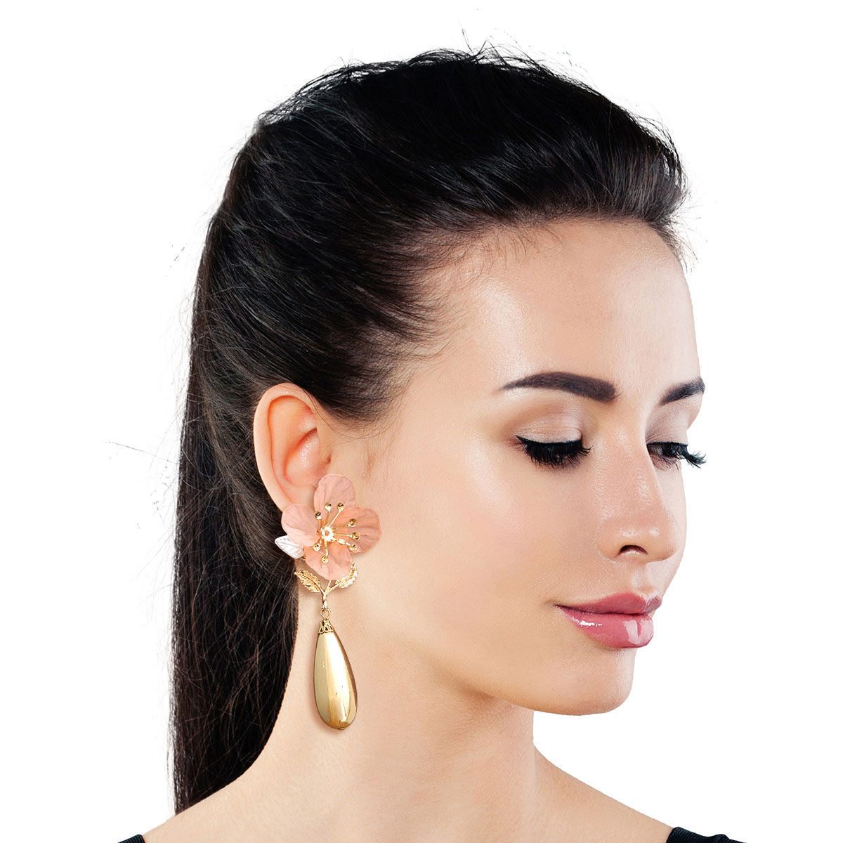 Pink Flower Gold Teardrop Earrings|3.5 inches - Premium Wholesale Jewelry from Pinktown - Just $11! Shop now at chiquestyles