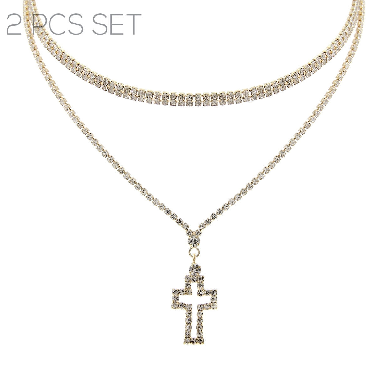 Gold Rhinestone Cross 2 Choker Set|11.5 + 3 inches - Premium Wholesale Jewelry from Pinktown - Just $8! Shop now at chiquestyles