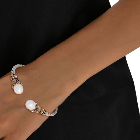 White Pearl Leaf Cable Bangle|Adjustable - Premium Wholesale Jewelry from Pinktown - Just $10! Shop now at chiquestyles