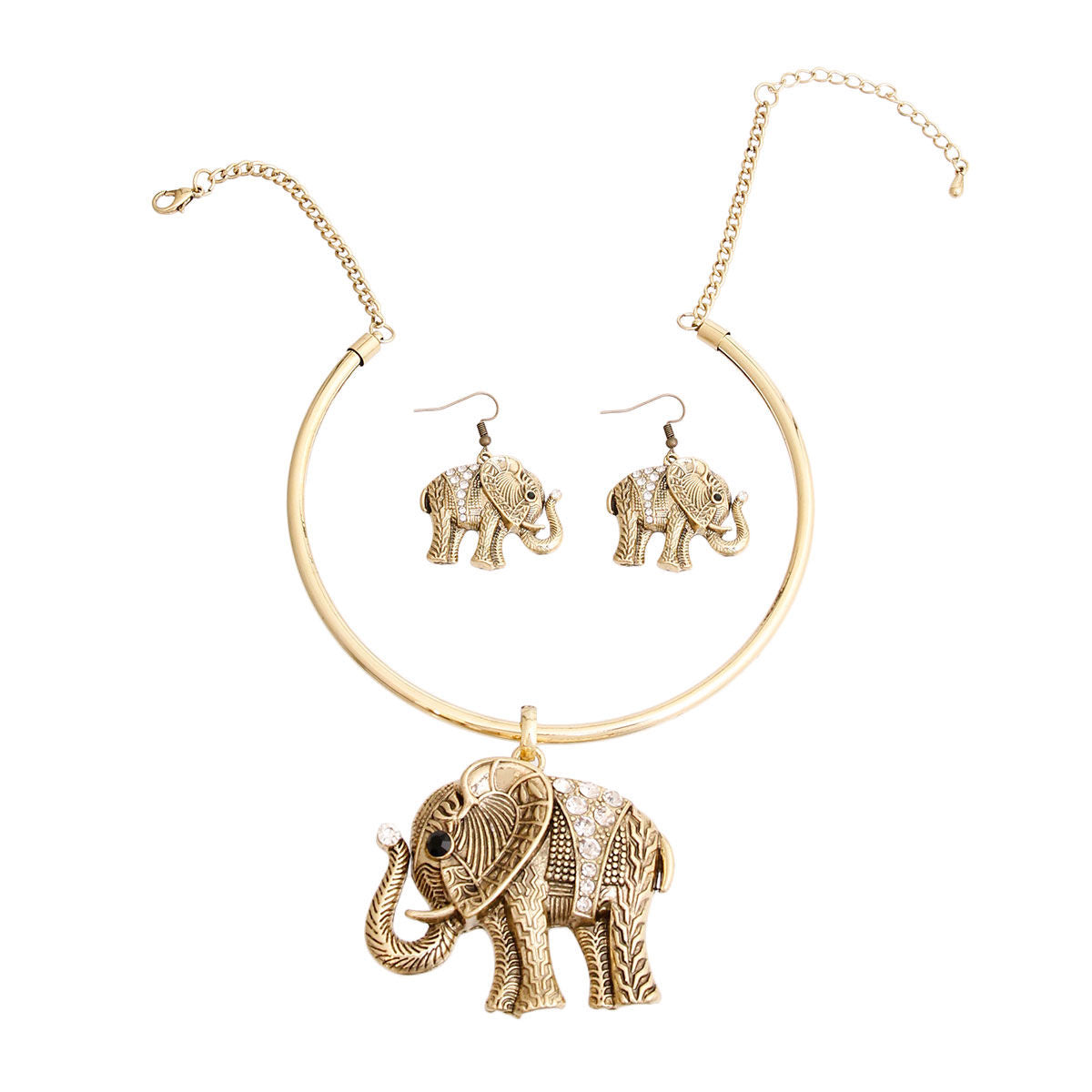 Burnished Gold Engraved Elephant Set|18 inches - Premium Wholesale Jewelry from Pinktown - Just $16! Shop now at chiquestyles