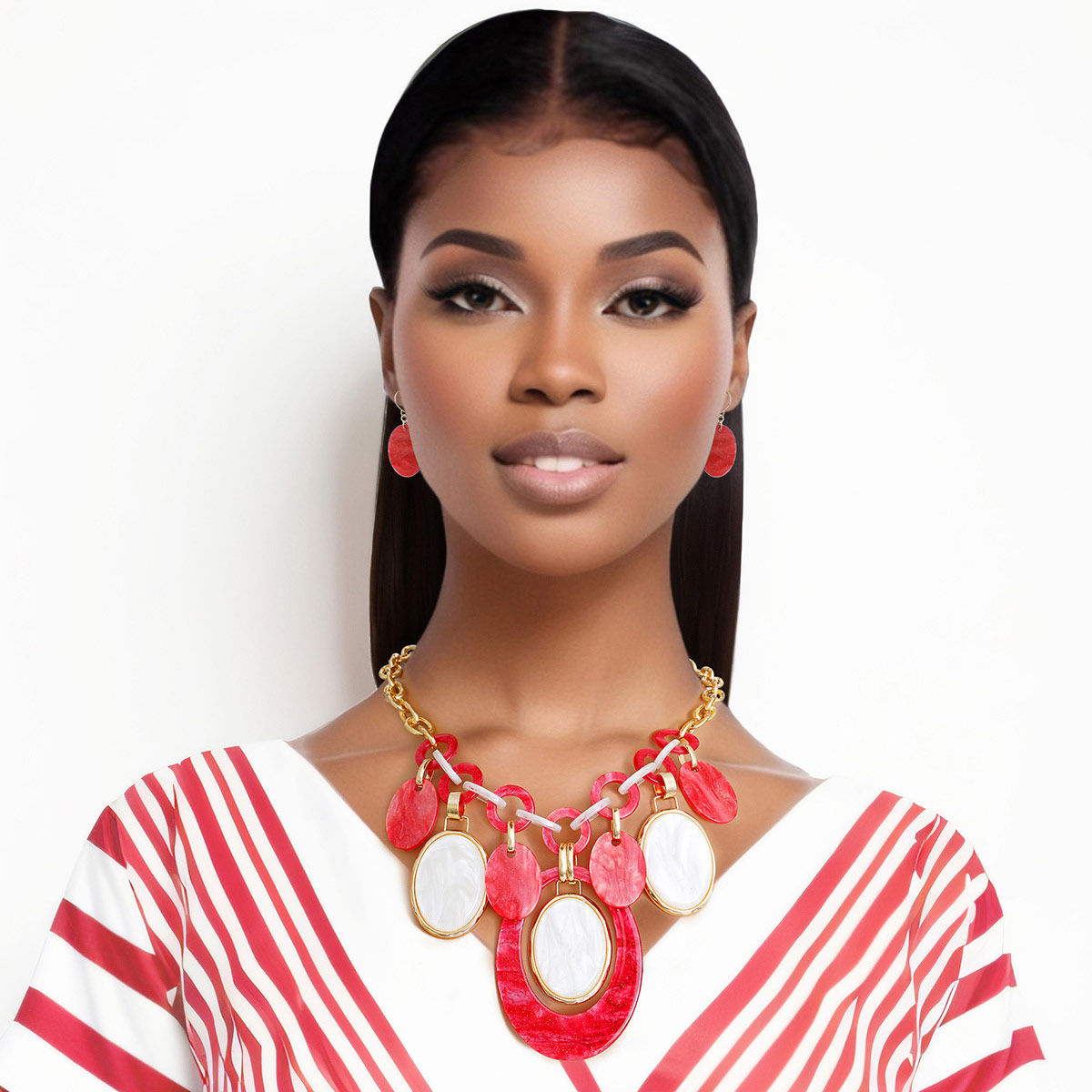 DST Red White Oval Swirl Necklace Set - Premium Wholesale Jewelry from Pinktown - Just $25! Shop now at chiquestyles