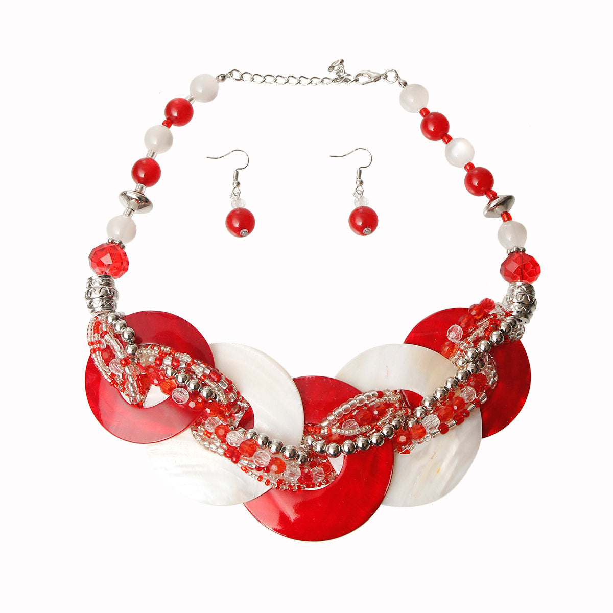 Red and White Beaded Disc Necklace Set|18 inches - Premium Wholesale Jewelry from Pinktown - Just $13! Shop now at chiquestyles