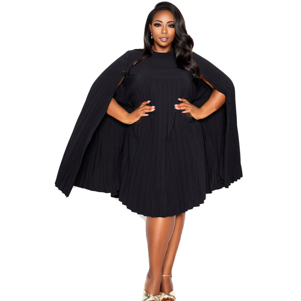 1XL Black Pleated Cape Dress|1XL - Premium Wholesale Boutique Clothing from Pinktown - Just $44! Shop now at chiquestyles