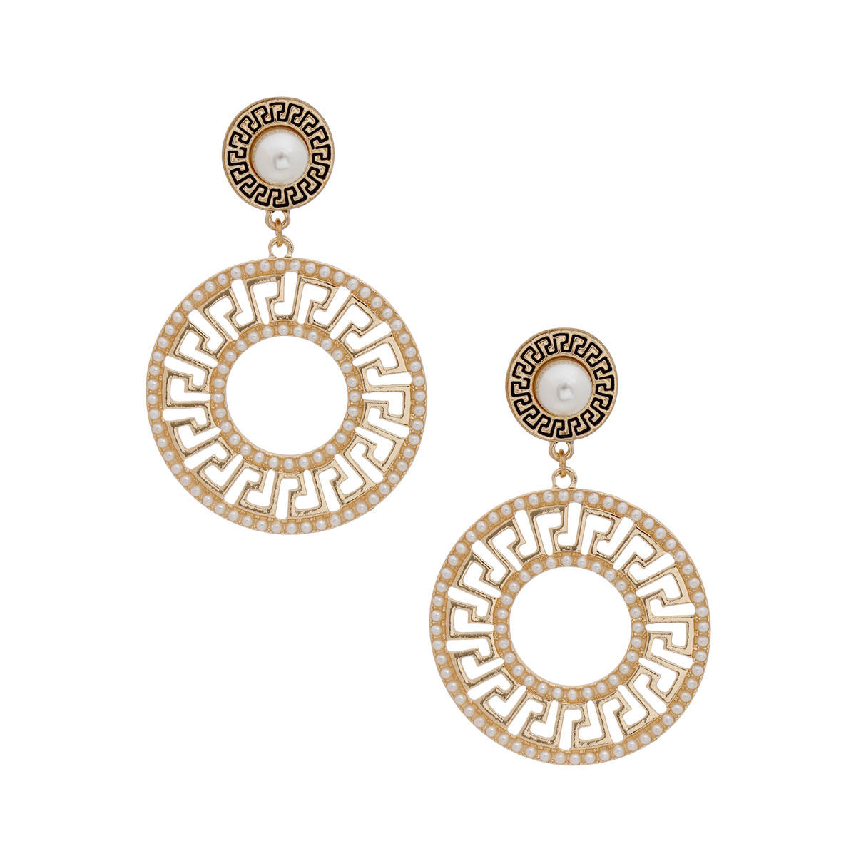 Gold Pearl Round Greek Key Earrings|3 inches - Premium Wholesale Jewelry from Pinktown - Just $19! Shop now at chiquestyles