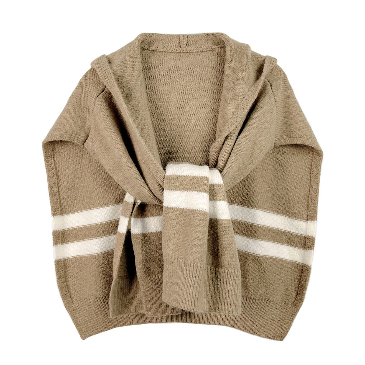 Camel Hooded Stripe Knit Kimono|25.6 x 24 inches - Premium Wholesale Boutique Clothing from Pinktown - Just $53! Shop now at chiquestyles