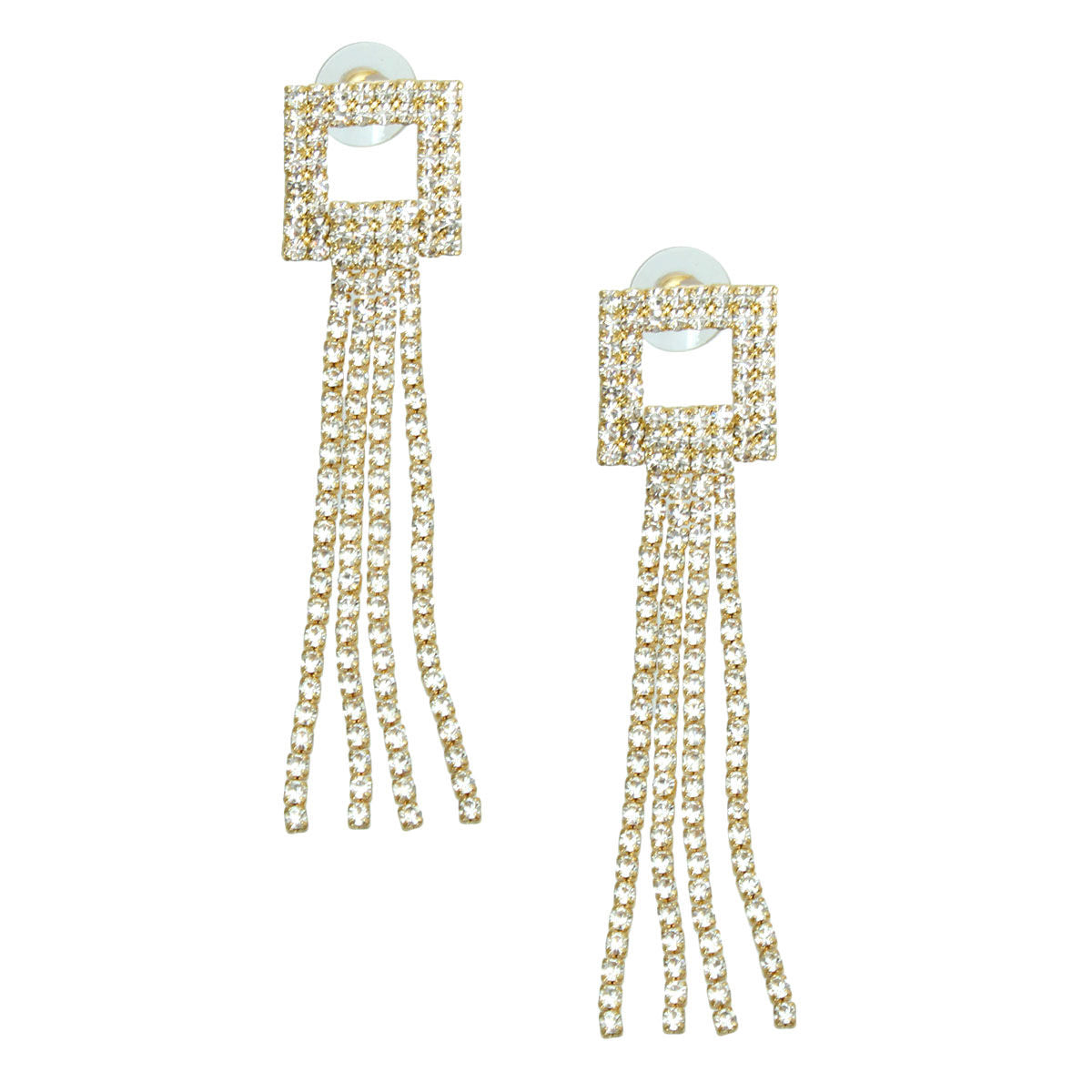 Gold Square Rhinestone Fringe Earrings|3 inches - Premium Wholesale Jewelry from Pinktown - Just $10! Shop now at chiquestyles