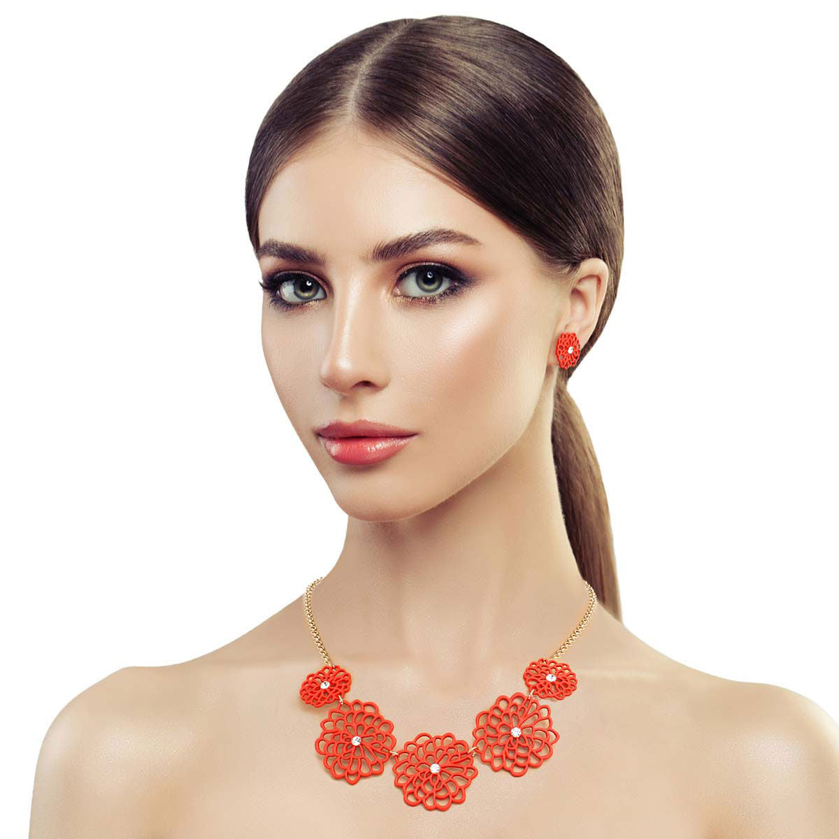 Red Matte Metal Cut Out Flower Necklace|17 inches - Premium Wholesale Jewelry from Pinktown - Just $13! Shop now at chiquestyles