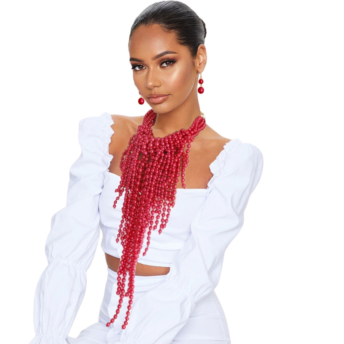 Red Pearl Fringe Necklace Set|18 inches - Premium Wholesale Jewelry from Pinktown - Just $39! Shop now at chiquestyles