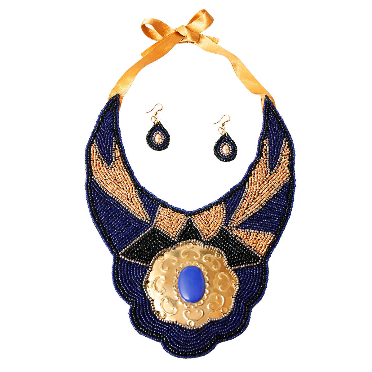 Blue and Gold Beaded Bib Necklace Set Featuring Stamped Metal Plate Design|18 inches - Premium Wholesale Jewelry from Pinktown - Just $54! Shop now at chiquestyles