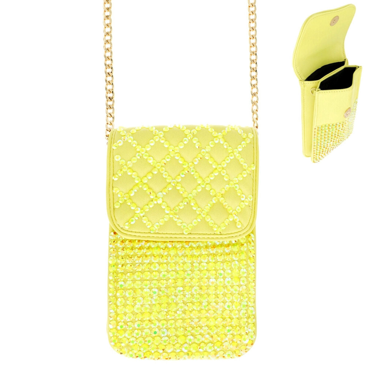 Yellow Quilted Rhinestone Cellphone Bag|7.25 x 5 x 1.5 inches - Premium Wholesale Fashion Accessories from Pinktown - Just $29! Shop now at chiquestyles