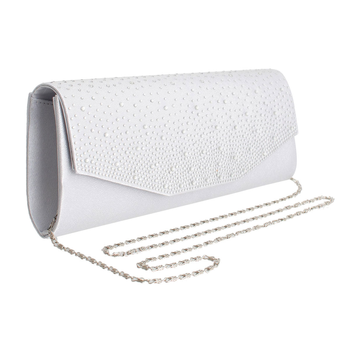 Silver Satin Stone Clutch|10.5 x 4 x 2 inches - Premium Wholesale Fashion Accessories from Pinktown - Just $28! Shop now at chiquestyles