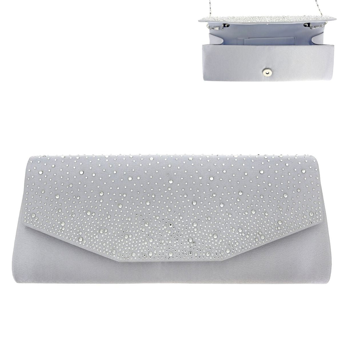 Silver Satin Stone Clutch|10.5 x 4 x 2 inches - Premium Wholesale Fashion Accessories from Pinktown - Just $28! Shop now at chiquestyles