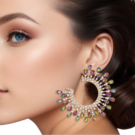 Stud Medium Pink Green C Shape Stone Earring Women - Premium Wholesale Jewelry from Pinktown - Just $17! Shop now at chiquestyles