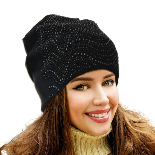 Black Beaded Slouch Beanie|Stretch to Fit - Premium Wholesale Fashion Accessories from Pinktown - Just $26! Shop now at chiquestyles