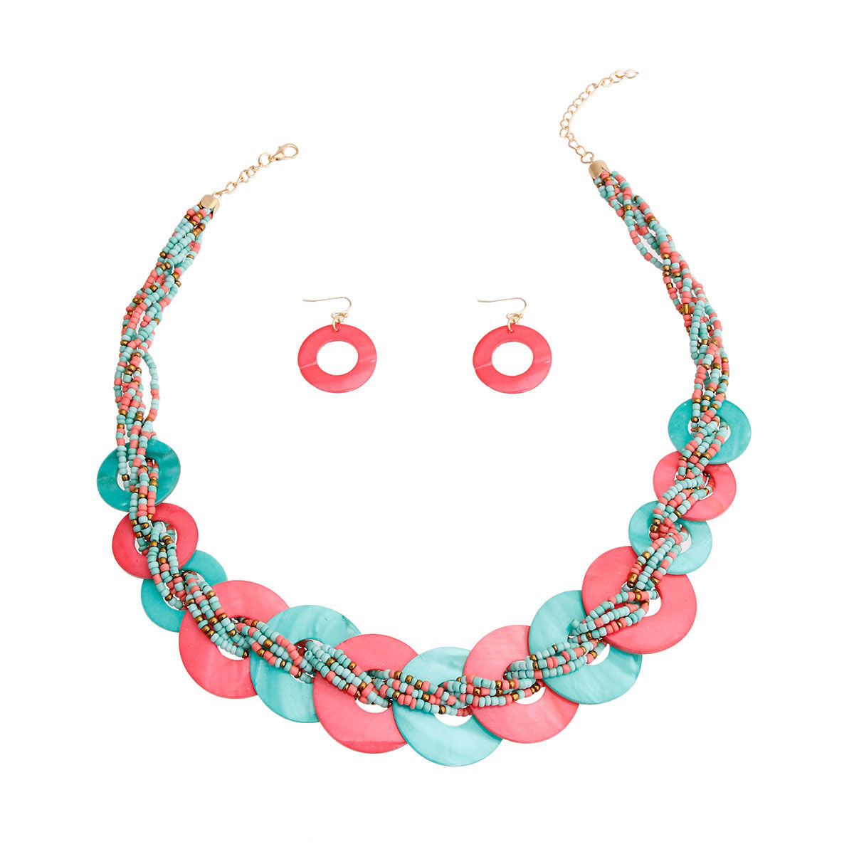 Turquoise and Coral Bead Disc Necklace|24 inches - Premium Wholesale Jewelry from Pinktown - Just $15! Shop now at chiquestyles