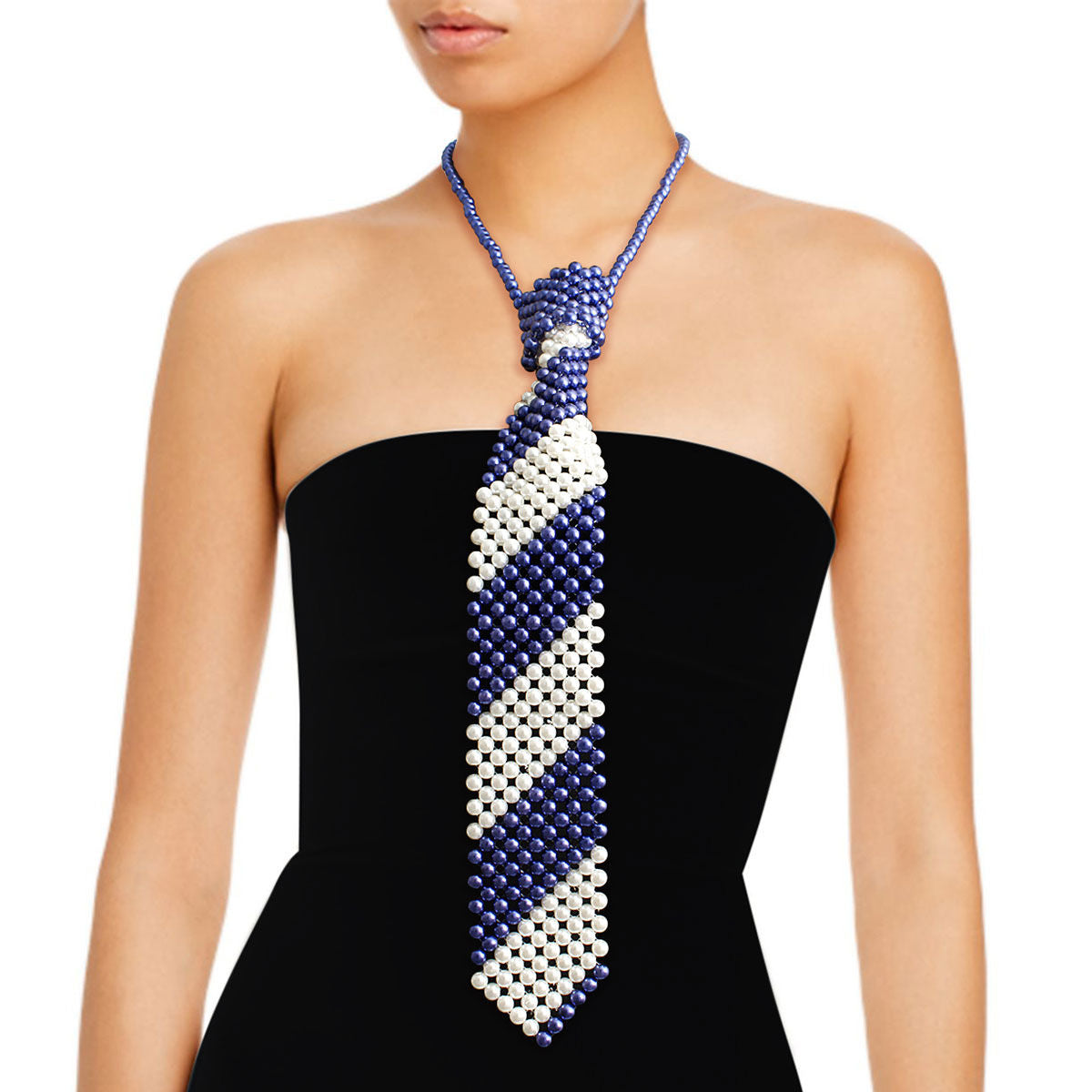 Blue White Pearl Stripe Tie Choker|16 inches - Premium Wholesale Jewelry from Pinktown - Just $19! Shop now at chiquestyles