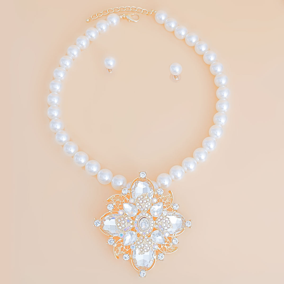 Pearl Necklace Cream Crystal Pendant Set for Women - Premium Wholesale Jewelry from Pinktown - Just $23! Shop now at chiquestyles