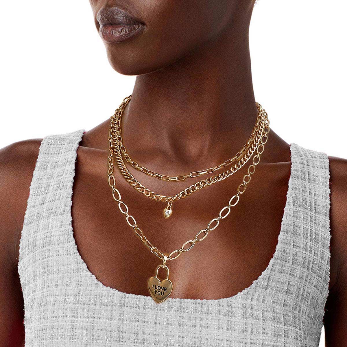 Gold 3 Layer Chain Locked Heart Necklace|16 inches - Premium Wholesale Jewelry from Pinktown - Just $12! Shop now at chiquestyles