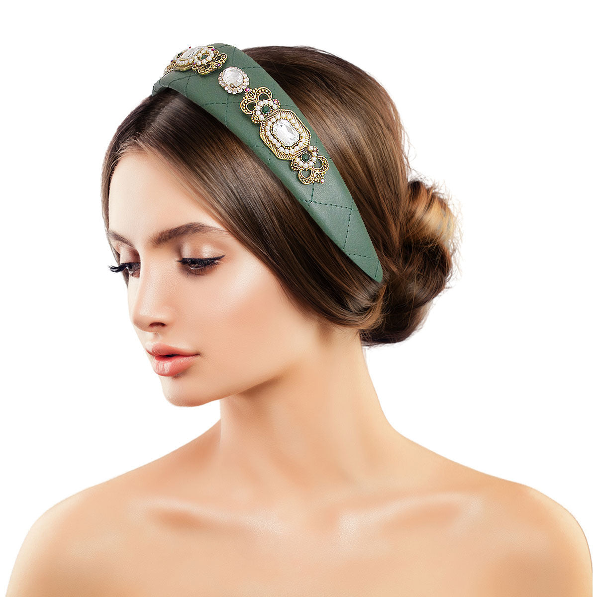 Green Vegan Leather Crystal Headband|Adjustable - Premium Wholesale Fashion Accessories from Pinktown - Just $16! Shop now at chiquestyles