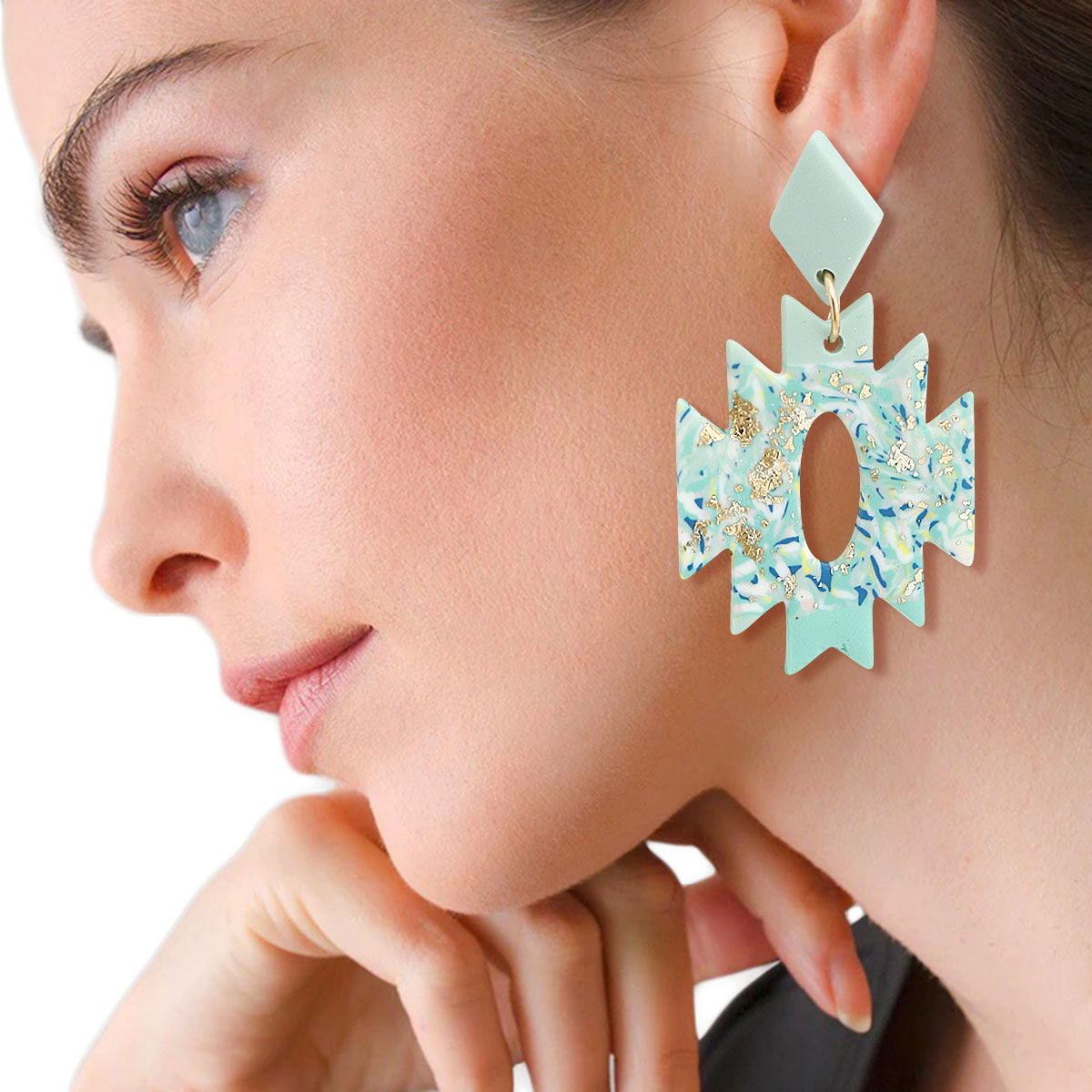 Turquoise Marbled Clay Aztec Earrings|2.25 inches - Premium Wholesale Jewelry from Pinktown - Just $13! Shop now at chiquestyles